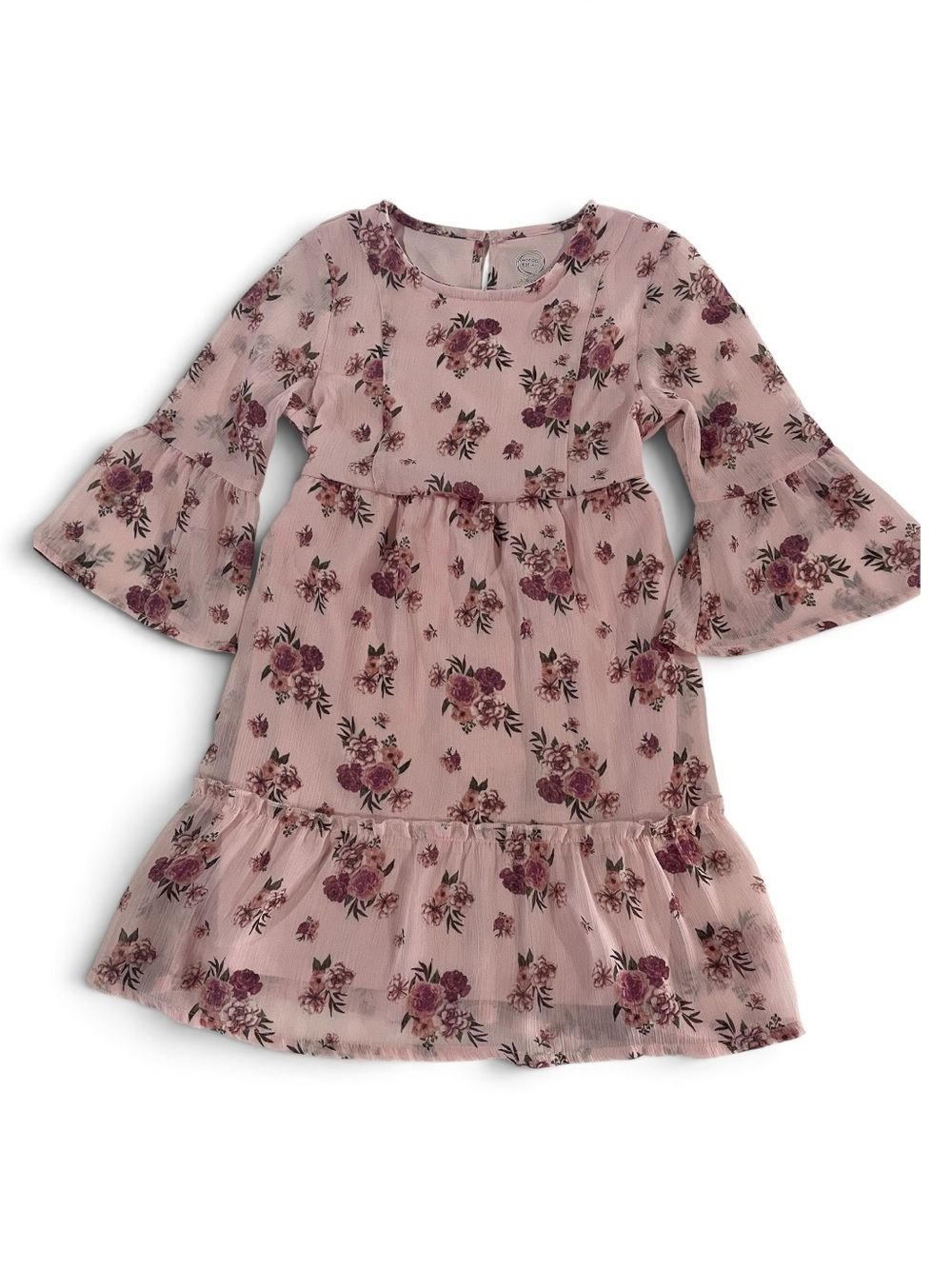 Girls Pink Floral Ruffle Dress S (6-6x) Bell Sleeve